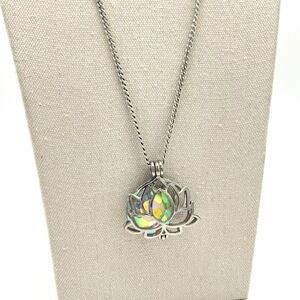 Lotus Flower Cage Necklace Silver Tone Aurora Borealis Iridescent Crystal 24"